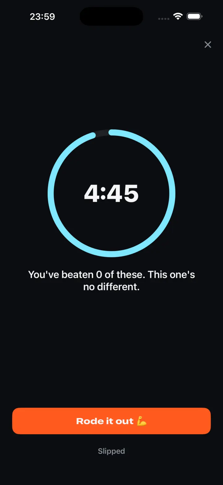 Unpouched SOS screen: 5-minute ride-the-wave timer at 4:45 with a breathing ring